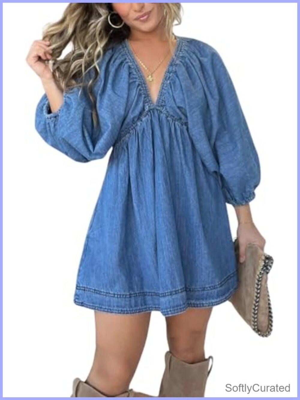 Women's V Neck Denim Mini Dress Puff Sleeve A Line Ruffle Flowy Jean Dress